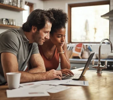 Couple using a laptop at the kitchen counter