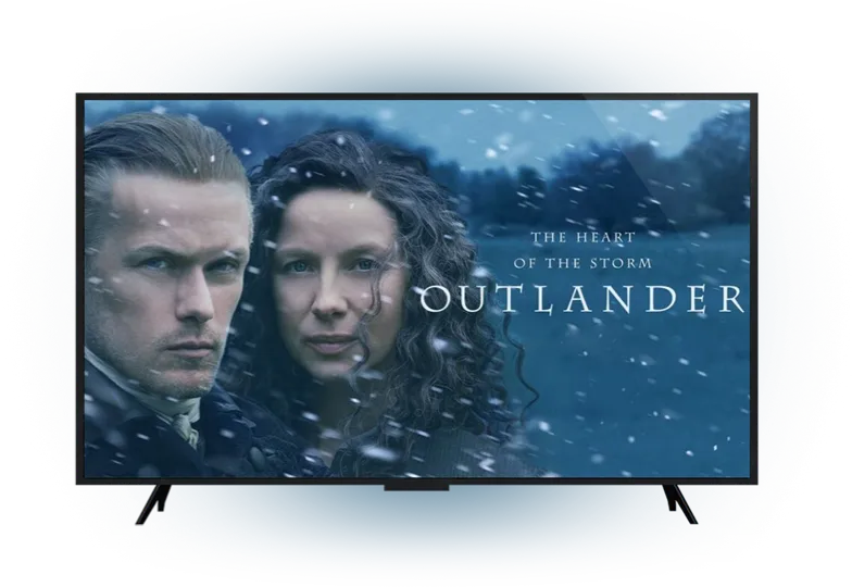 TV Screen showing the Outlanders lead actors