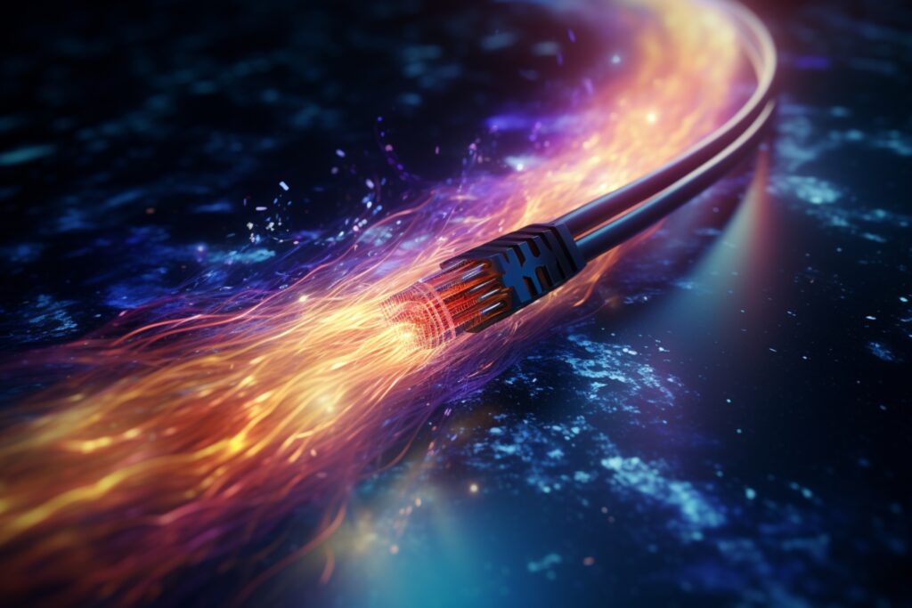 A glowing fiber optic cable with vibrant, fiery data streams racing along its length, symbolizing high-speed internet and advanced connectivity. This striking image is ideal for promoting the concept of a **fiber network to Herriman**, showcasing the power and efficiency of modern data transfer.