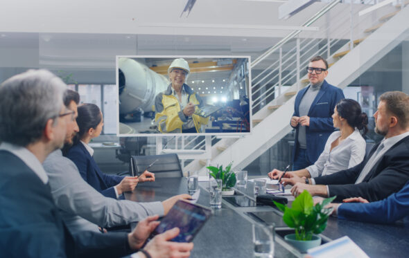 people watching TV during a presentation at work