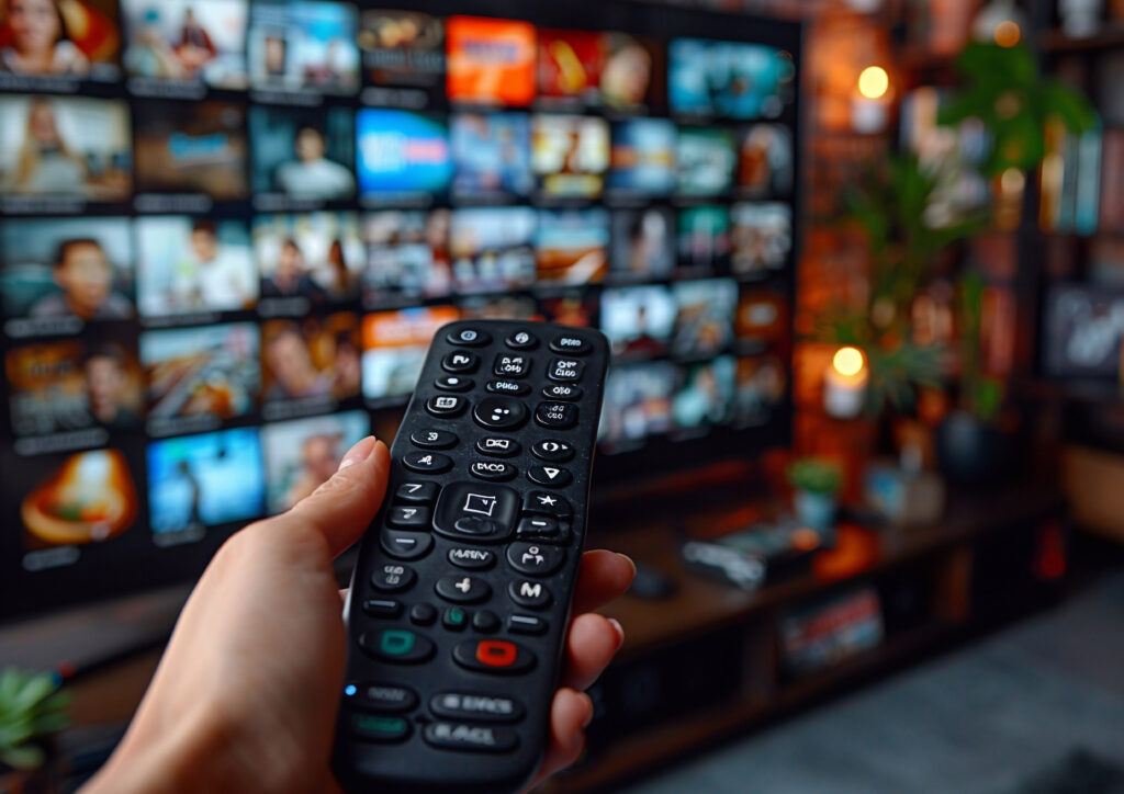 A hand holding a remote control in front of a large TV screen displaying multiple streaming options and content thumbnails. The scene depicts the variety and choices available with a "TV streaming services free trial," inviting viewers to explore different programs.