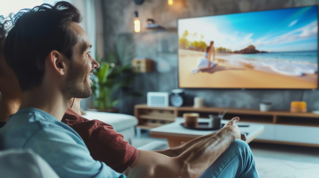 A man sitting on a couch with a remote control, smiling and enjoying a scenic show or movie on a large TV screen. This relaxed home setting highlights the leisure and enjoyment provided by "TV streaming services free trial."