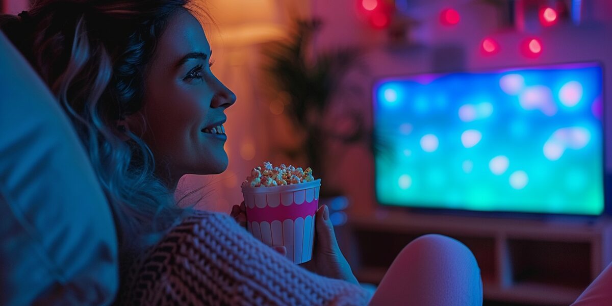 A woman sitting comfortably on her bed, holding a tub of popcorn and smiling while watching a brightly lit TV screen. The cozy atmosphere with warm lighting suggests enjoying a movie or show using a "TV streaming services free trial."