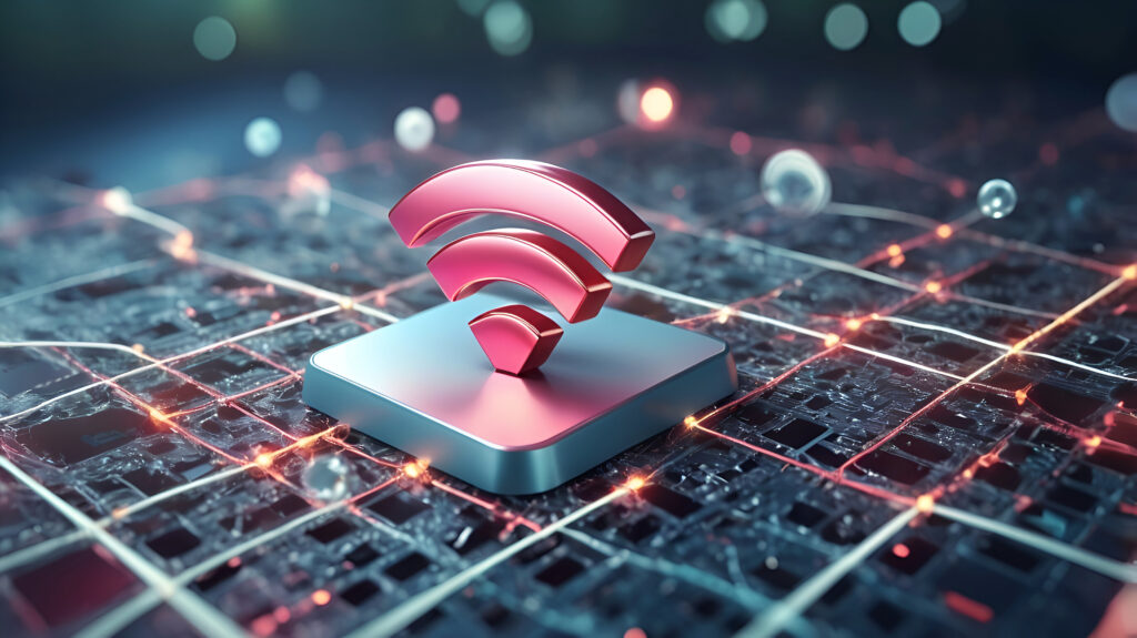 An abstract digital illustration featuring a large, glowing Wi-Fi symbol over a network grid, symbolizing the concept of test my ping and data connection speed.