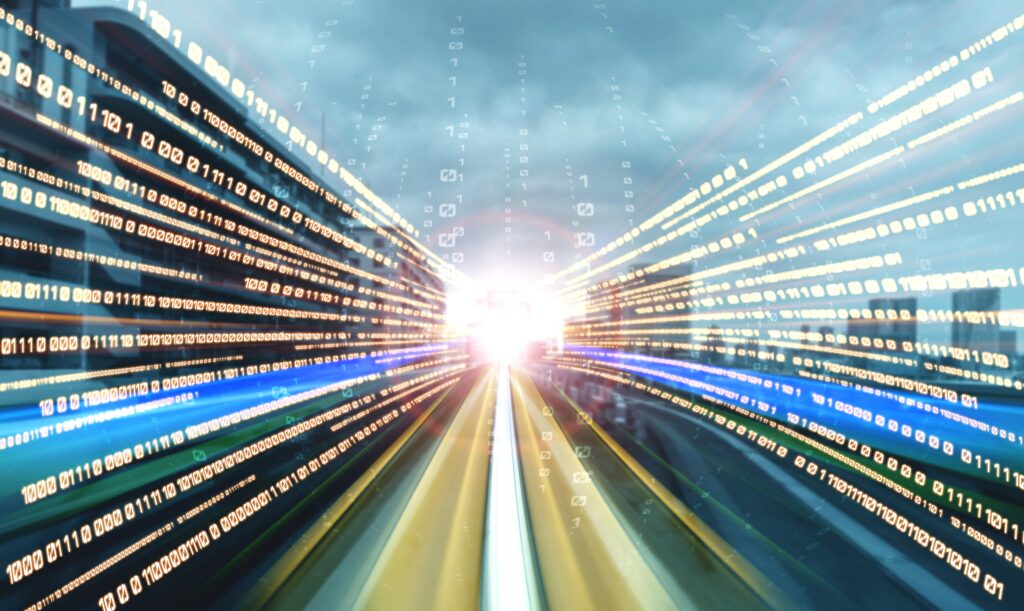 A dynamic digital data flow visualization with streaks of binary code racing toward a glowing light, symbolizing high-speed data transfer. This striking image is ideal for representing fast upload and download speed in tech solutions.