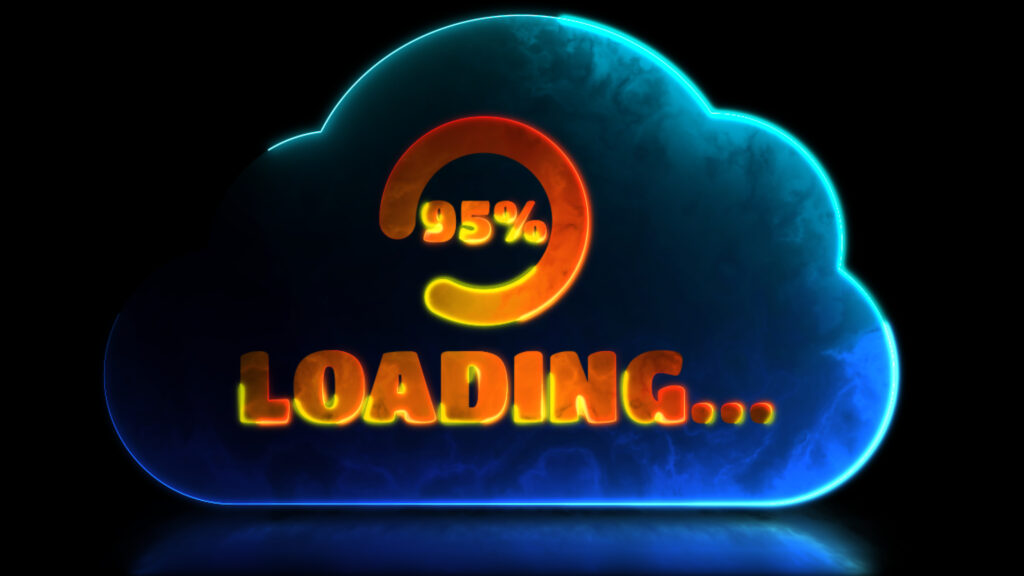 A glowing neon cloud icon with "95% Loading" displayed in bold text, representing a near-complete data transfer. This is ideal for visuals focused on cloud computing and upload and download speed optimization.