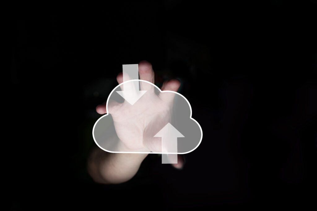 hand of user access internet cloud for big data transfer by uploading and downloading into computer via network or hacker try to access cloud storage technology for information via virtual security. high speed internet upload speed.