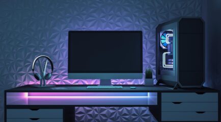 A futuristic workspace showcasing a high-speed internet setup with fiber-optic-level connectivity. The glowing peripherals complement the theme, answering 