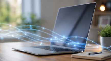 Laptop connected to a fiber-to-the-home internet network.