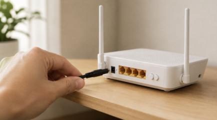 Person unplugging the power cable from a home Wi-Fi router to restart it
