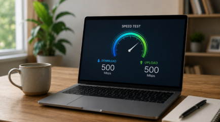 Laptop displaying symmetrical 500 Mbps upload and download speeds.